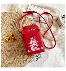 Close-up of red Eiffel Tower pattern on crossbody bag with white Thank You text detail