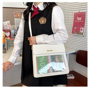 Japanese style white crossbody bag with transparent window detail on school uniform