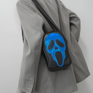 Gothic crossbody bag featuring a blue holographic Ghostface mask on black leather