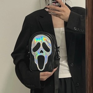 Black cross-body bag featuring holographic Scream Ghostface mask and adjustable strap