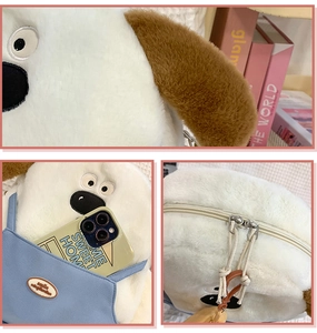 Detail view of plush cartoon dog bag showing soft fabric textures and functional pockets