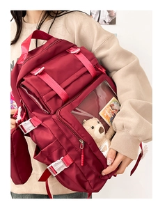 Detailed side view of burgundy nylon backpack with a clear PVC window for display
