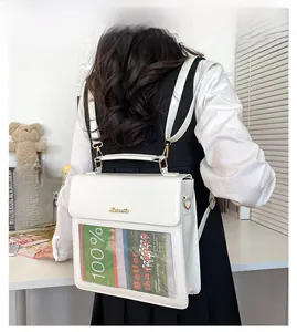 Rear view of a white minimalist backpack with transparent PVC card slot and gold handle