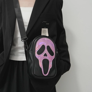 Black cross-body bag featuring a holographic Ghostface mask design and adjustable strap