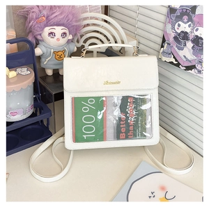 Detailed view of white ITA bag with transparent window and cute cartoon decor