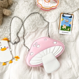 Mushroom Shaped Shoulder Bag PU Leather Polka Dot Contrast Color Metal Chain Crossbody Purse Cute Cartoon JK Style
