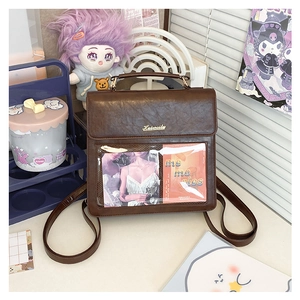 Detailed view of dark brown PU leather bag with transparent window and metal logo