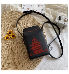 Detail of a black leather crossbody bag with red pagoda print and Thank You text