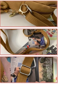 Détail de la sangle ajustable et des attaches dorées sur un sac en toile marron durable