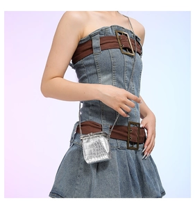 Detail of silver crocodile-pattern mini bag with vintage clasp and metal chain strap