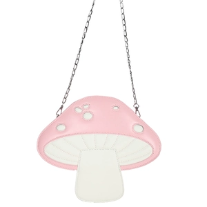 Cute mushroom-shaped crossbody bag for women with pink polka dot top and chain strap