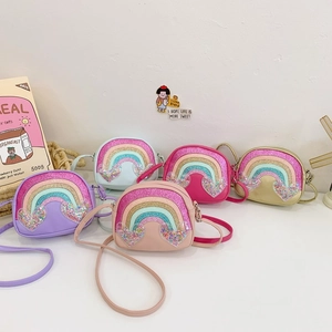 Kids Crossbody Bag PU Leather Rainbow Sequins Heart Shaker Glitter Cute Cartoon Shoulder Purse For Girls Small Fashion Accessory