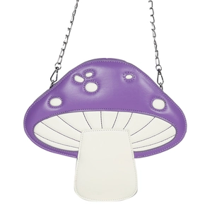 Cute purple and white mushroom-shaped patent leather crossbody bag with silver chain