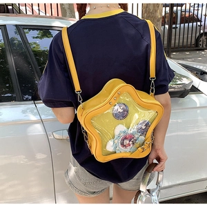 Sac à dos jaune en forme d'étoile avec fenêtre transparente pour badges de fan d'anime