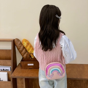 Pink PU leather crossbody bag with sequin rainbow and heart design for kids