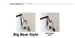 Detail display of bear embroidery on cute off-white and brown nursery backpacks