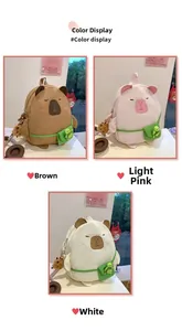 Detailed close-up of cartoon capybara backpack colors and cute turtle pendant detail