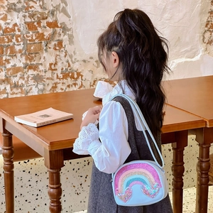 Cute light blue children's crossbody bag with rainbow heart sequins and shoulder strap