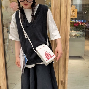 Unique white takeout box crossbody bag with red Thank You lettering and tower print