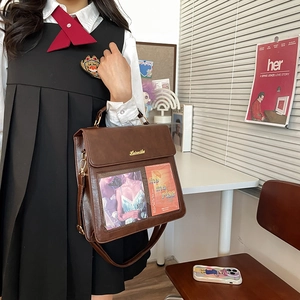Brown vintage leather shoulder bag with transparent PVC window and gold metal logo