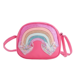 Pink cartoon kids crossbody bag with glitter rainbow and sequin heart pockets