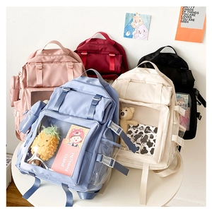 Macro shot of macaron color canvas backpacks with transparent window and bear plushies