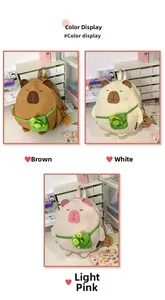 Detailed view of cute plush capybara backpacks in brown, cream white, and pink options
