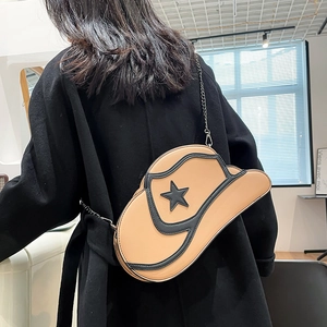 Creative cowboy hat shaped shoulder bag in light brown PU leather with star detail