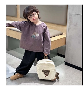 Detail of cute white cartoon bear backpack paired with a purple long-sleeve sweatshirt