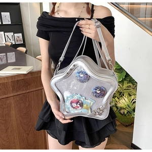 Sac ita en forme d'étoile argentée avec grande fenêtre transparente et cuir métallique