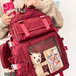 Japanese style burgundy nylon backpack with large transparent PVC display window and dual buckles