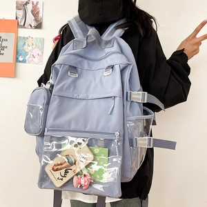 Light blue high capacity ita bag school backpack with transparent window and cute charm