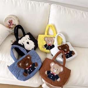 Kids Quilted Shoulder Bag Cartoon Bear Dog Patch Crossbody Tote Korean Style For Toddler Boys Girls Casual Daily