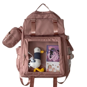 Pink purple school backpack with clear display window and small matching zipper pouch