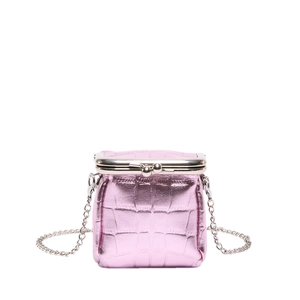 Chic pink metallic crocodile pattern mini crossbody bag with a silver chain strap