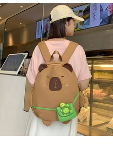 Cute brown capybara backpack with 3D ears and small turtle charm shown on model