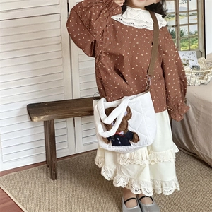 Kids vintage brown floral top with white lace skirt and cute bear crossbody bag set