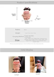 Size comparison and specifications for the pink crochet cartoon doll crossbody bag