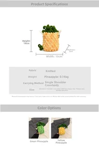 Detailed size parameters and color display of crochet pineapple crossbody bucket bag