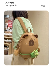 Detail of cute brown capybara backpack with bear charm and green turtle accessory
