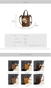 Detailed size chart and multi-color specifications for the leopard print crossbody bag
