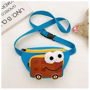 Sac banane enfant bleu avec motif voiture mignonne, grands yeux en peluche et zip jaune