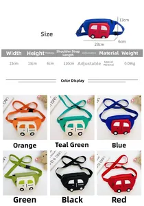 Guía de tallas para bolso de pecho infantil de coche con dimensiones 23x13x6cm y colores
