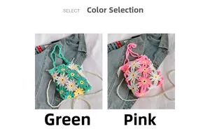 Detail of handmade crochet floral bags in green and pink with daisy patterns