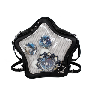 Star-shaped black PU leather Ita Bag with transparent window and metal studs