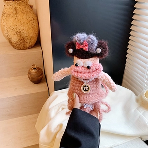 Handmade Crochet Cartoon Doll Shoulder Bag Knitted Woolen Crossbody Purse With Artificial Pearl Cute Character For Kids