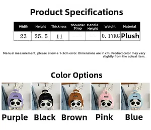 Detail chart of plush panda backpacks showing size specs and five available color variants