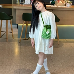 Cute crochet pineapple crossbody bucket bag for kids paired with lace dress