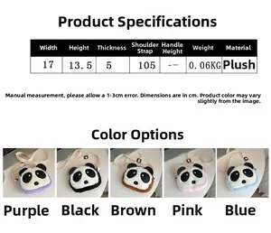 Detailed size chart and specifications for the cute panda plush crossbody bag