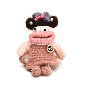 Handmade crochet sausage mouth doll bag with pearl necklace and pink bow hat